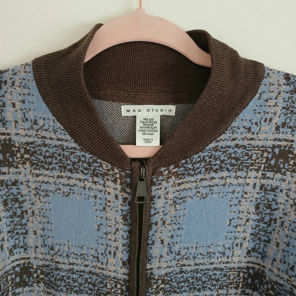 NWOT Max Studio Knit Blue and Brown Plaid Poncho Zip Sweater